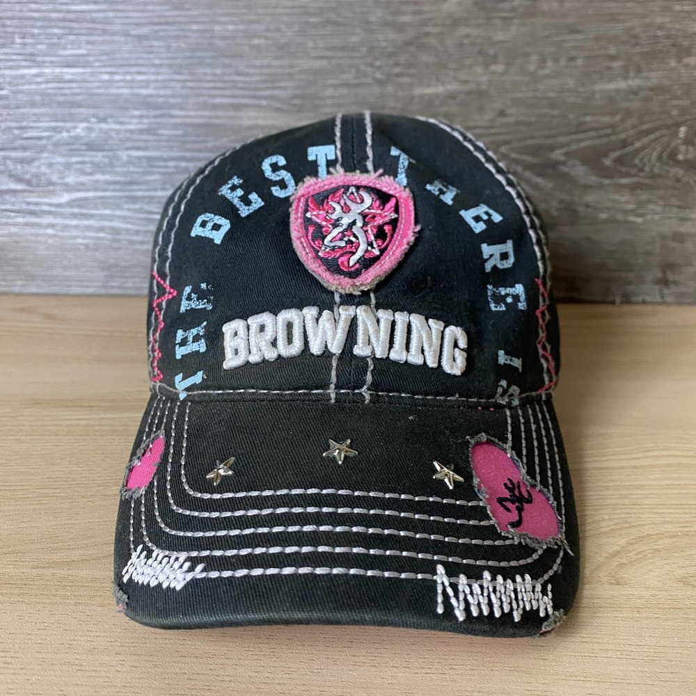 Browning Hat Cap Snap Back Trucker Black Pink Mesh Embroidered Womens Distressed